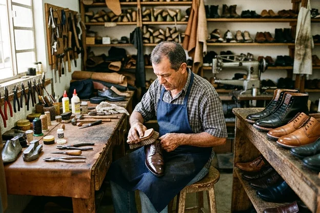 Calçados restaurados e bem conservados prontos para o uso em sapateiro.