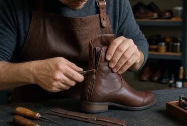 Sapateiro realizando reparo em um zíper de bota, utilizando ferramentas apropriadas.