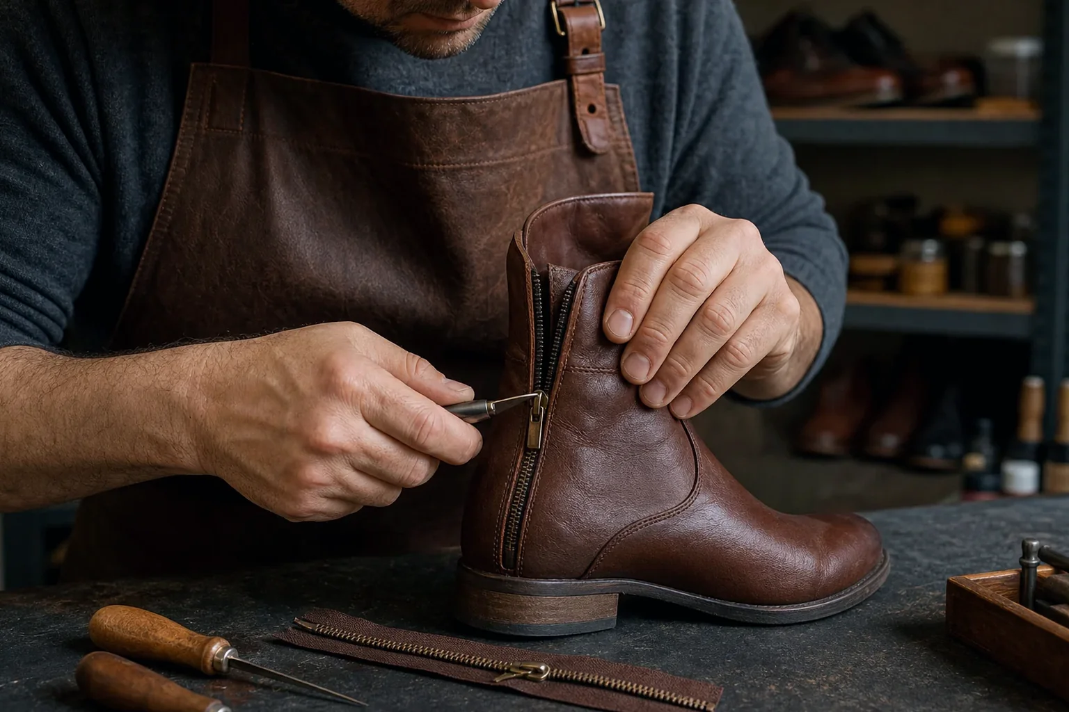 Sapateiro realizando reparo em um zíper de bota, utilizando ferramentas apropriadas.