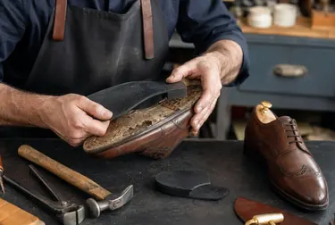 Sapateiro substituindo o solado de um calçado com ferramentas específicas.